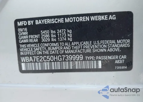 2017 BMW 740I from USA, damaged, VIN WBA7E2C50HG739999